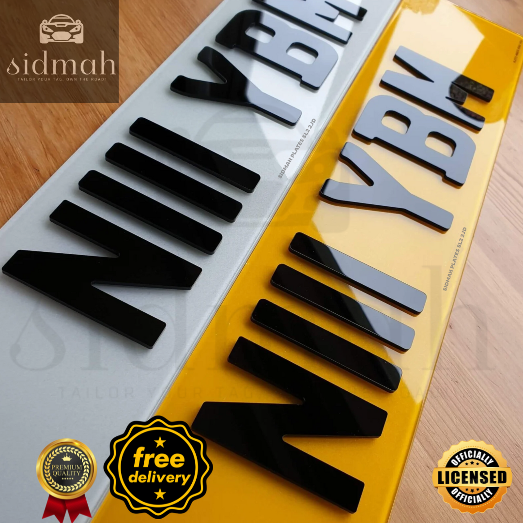 4D 3mm raised acrylic number plates: yellow & silver | MOT & DVLA compliant