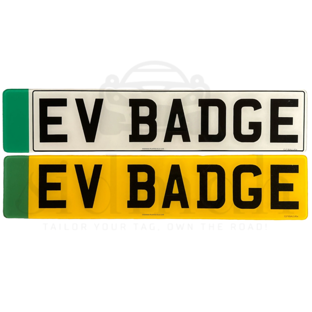 Premium 2D number plates: yellow plate with no border and silver plate with black border, both featuring the EV flag.