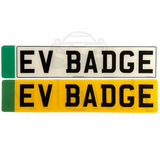 Premium 2D number plates: yellow plate with no border and silver plate with black border, both featuring the EV flag.