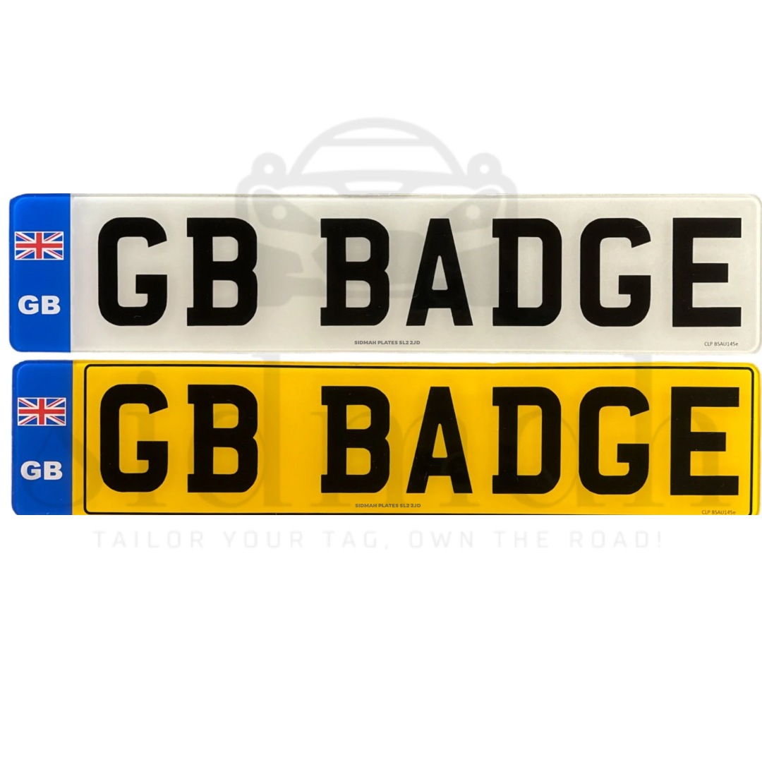 Premium 2D number plates: yellow plate with black border and silver plate without border, both featuring the GB flag.