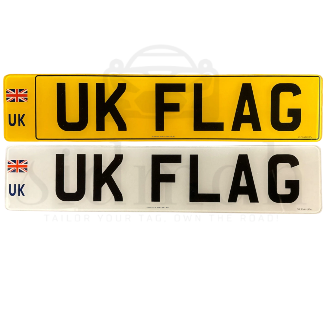 Premium 2D number plates: yellow plate with black border and silver plate without border, both featuring the UK flag.