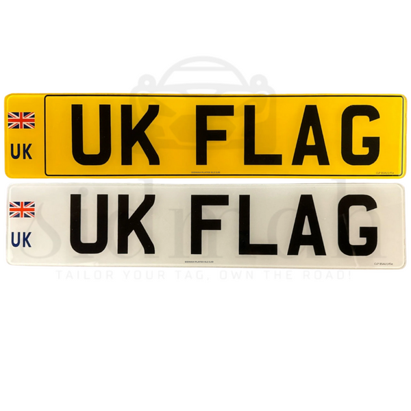 Premium 2D number plates: yellow plate with black border and silver plate without border, both featuring the UK flag.