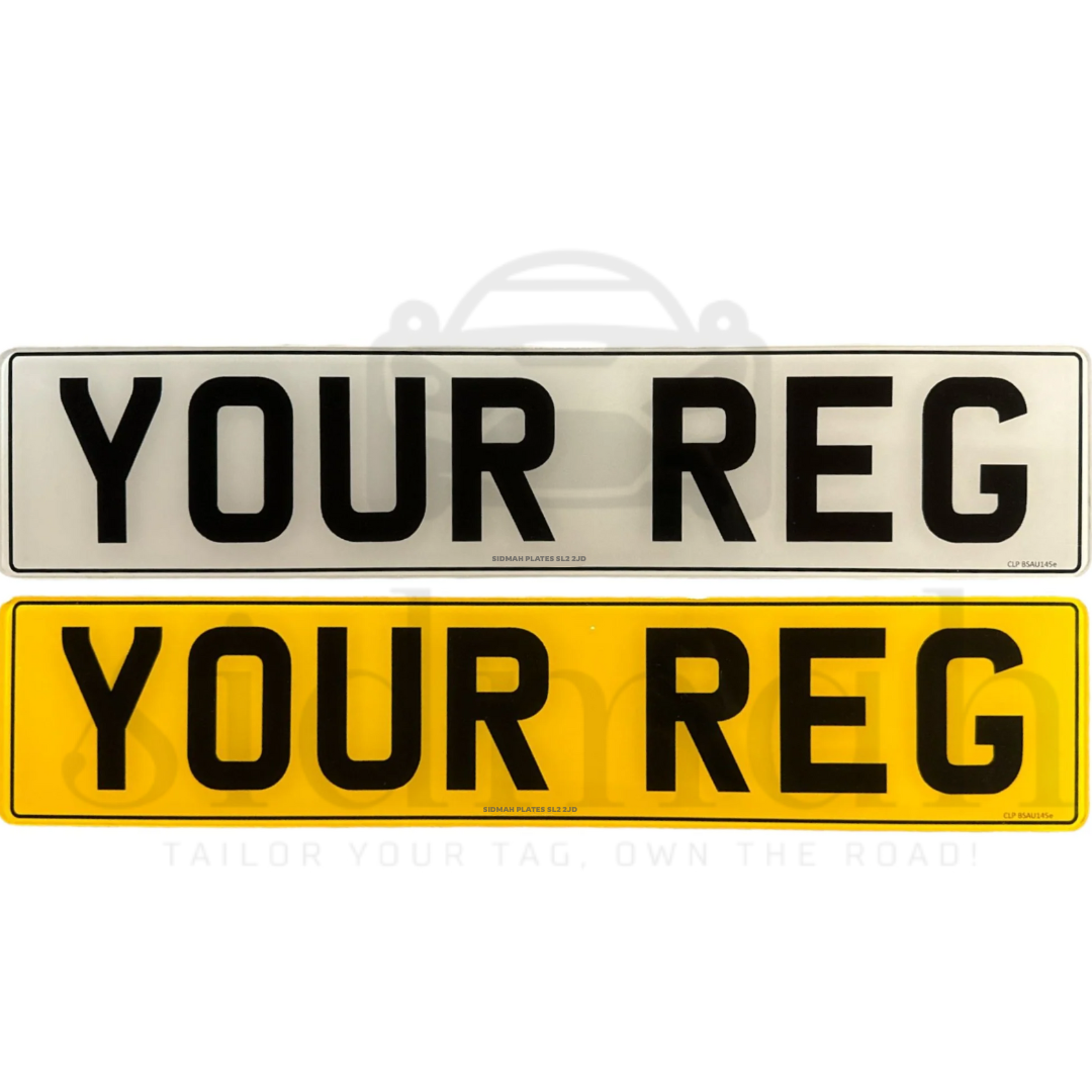 Premium 2D  standard number plates:  yellow and silver , both with black borders and no flags.